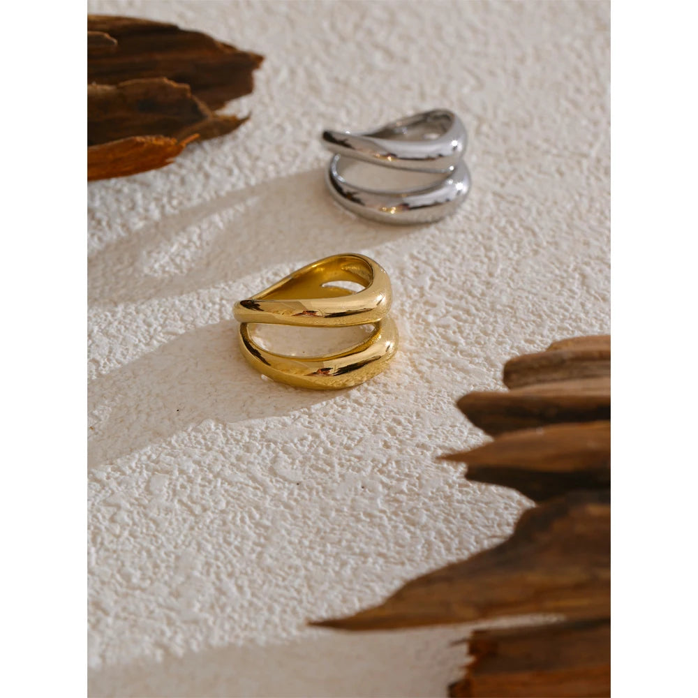 Yhpup 6789 # Anel de metal de aço inoxidável, camada dupla geométrica fundida de alta qualidade, textura resistente à água, joias diárias da moda