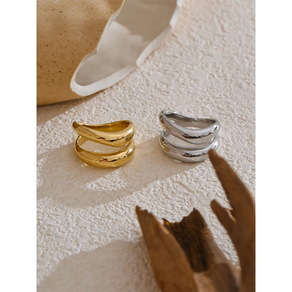 Yhpup 6789 # Anel de metal de aço inoxidável, camada dupla geométrica fundida de alta qualidade, textura resistente à água, joias diárias da moda