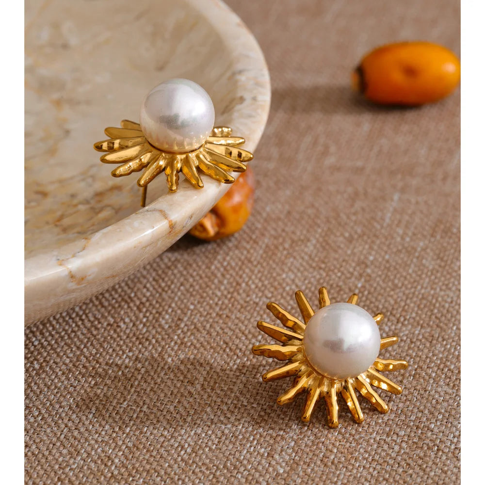 Brincos de Flor com Pérolas Simuladas em Aço Inoxidável Yhpup para Mulheres, Estilo Coreano, Uso Diário, Joias Vintage, Resistentes a Manchas