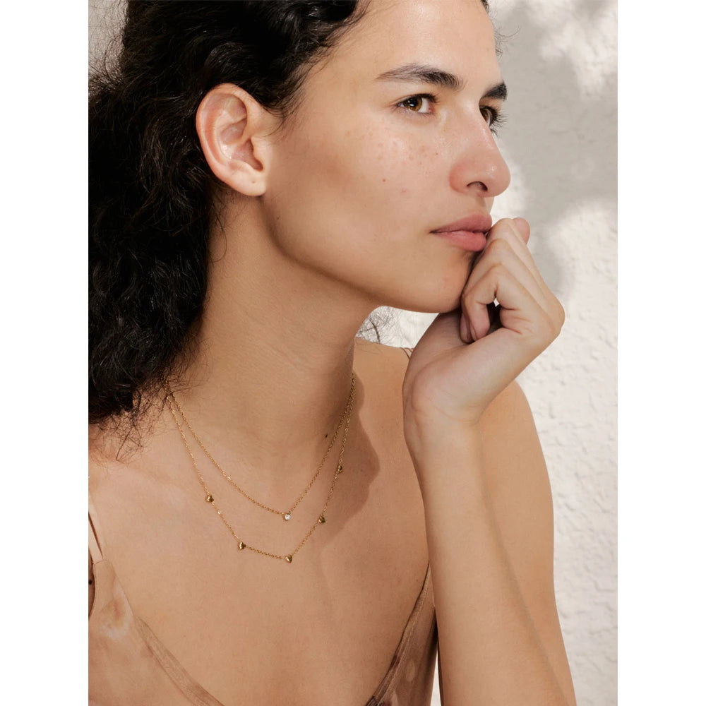 Yhpup coreano dupla camada zircônia coração chique corrente colar de verão requintado colar em camadas de aço inoxidável jóias para mulher