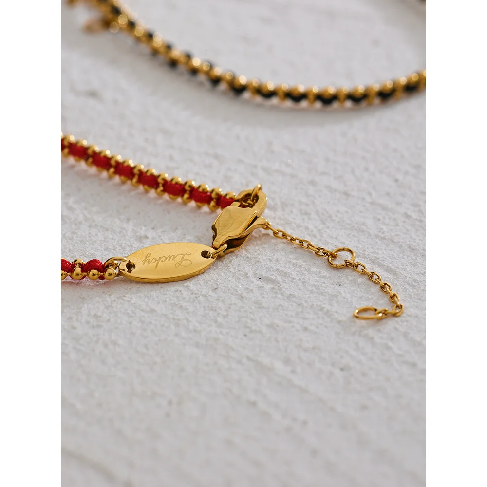 Yhpup requintado preto vermelho poliéster fio artesanal corrente chique pulseira fina pulseira de aço inoxidável coreano delicado jóias presente