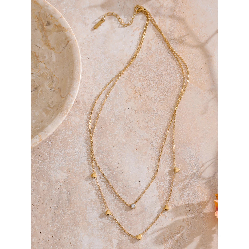 Yhpup coreano dupla camada zircônia coração chique corrente colar de verão requintado colar em camadas de aço inoxidável jóias para mulher