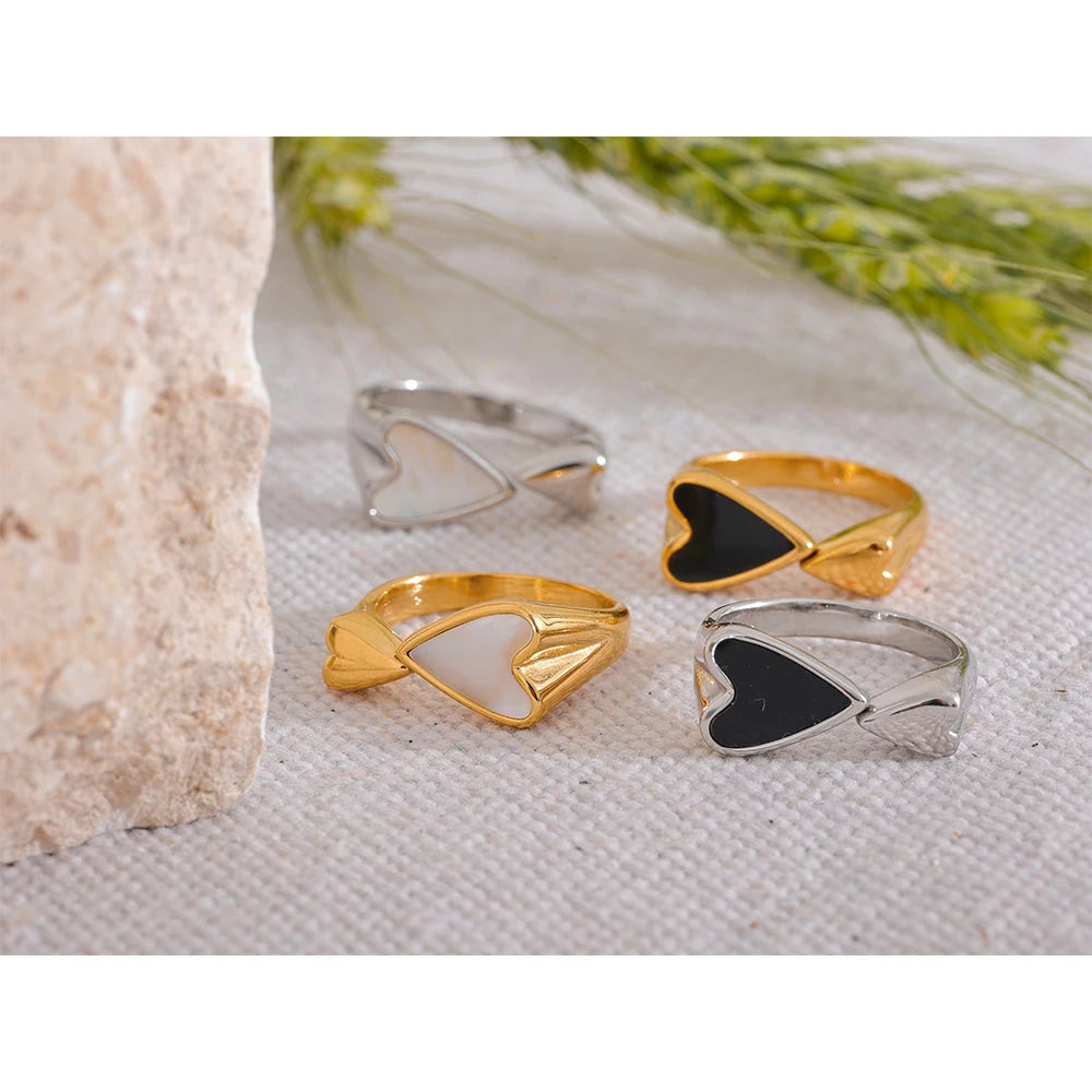 Yhpup concha acrílico coração aço inoxidável elegante anel para mulheres encantos textura de metal à prova dwaterproof água jóias douradas presente de gala