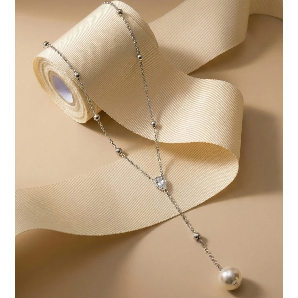 Colar Yhpup de Aço Inoxidável com Zircônia e Pérolas Simuladas em Formato de Y, Estilo Coreano Chique, Acessório Delicado para o Verão