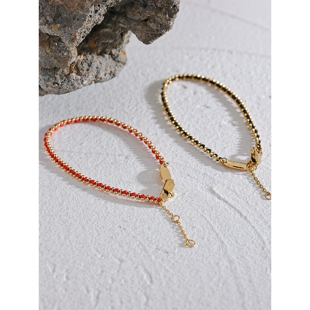 Yhpup requintado preto vermelho poliéster fio artesanal corrente chique pulseira fina pulseira de aço inoxidável coreano delicado jóias presente
