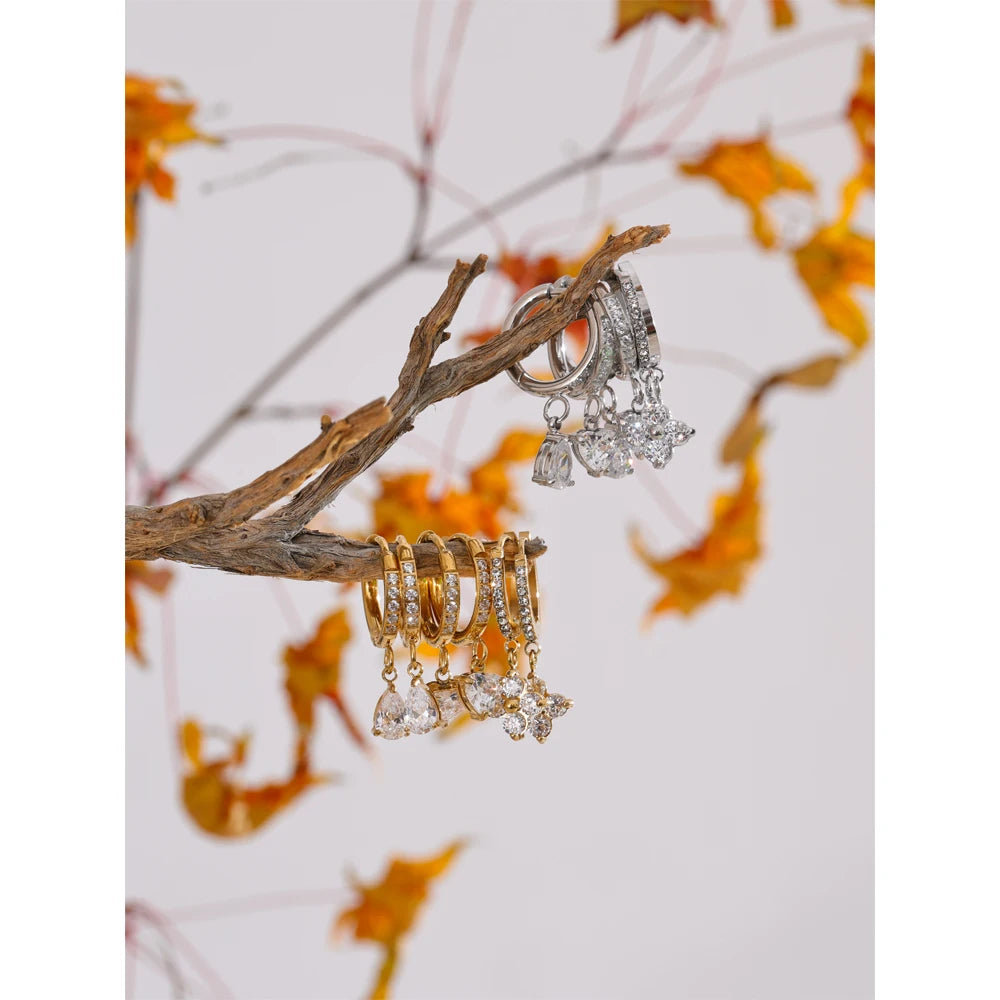 Yhpup delicado zircônia cúbica coração gota de água flor brincos de argola de aço inoxidável premium joias diárias 2025