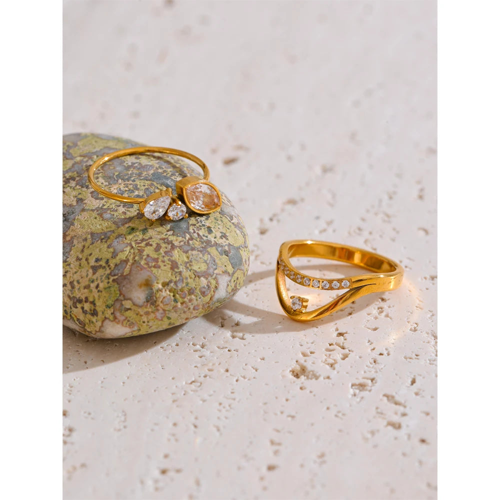 Yhpup tamanho 6 7 8 delicado brilhante cnc zircônia cúbica anel de alta qualidade 18k ouro pvd banhado a aço inoxidável dedo jóias presente