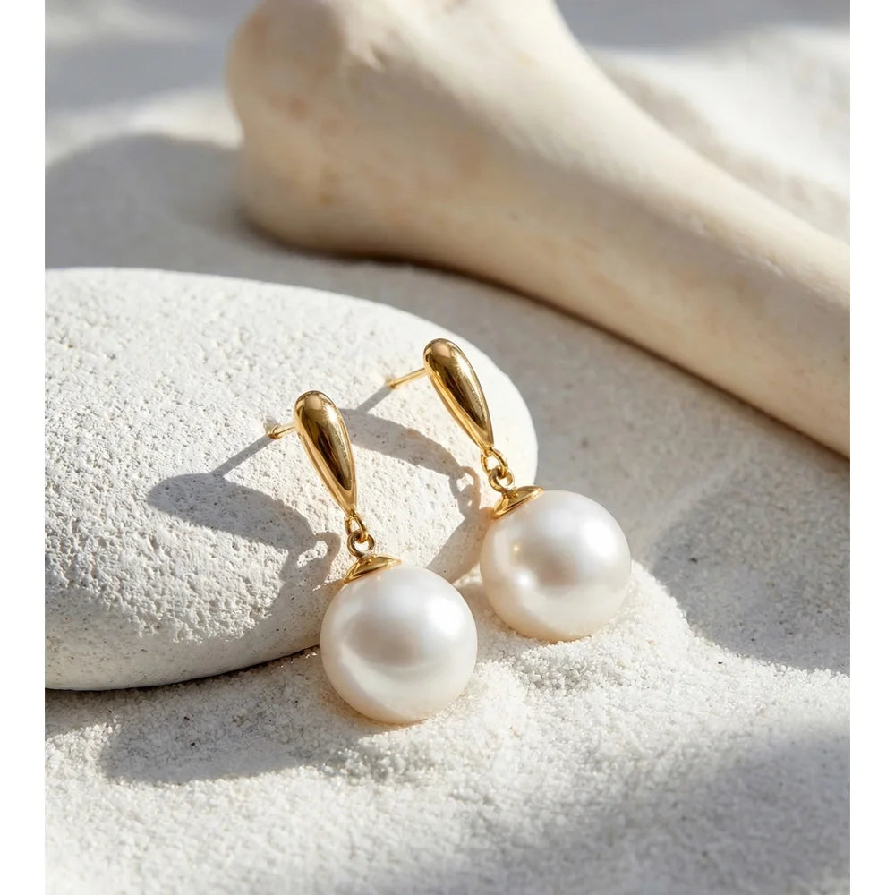 Brincos Pendentes Redondos Elegantes Yhpup 12*12mm com Pérolas de Imitação para Mulheres, Joias Diárias em Aço Inoxidável à Prova d'Água Recomendadas
