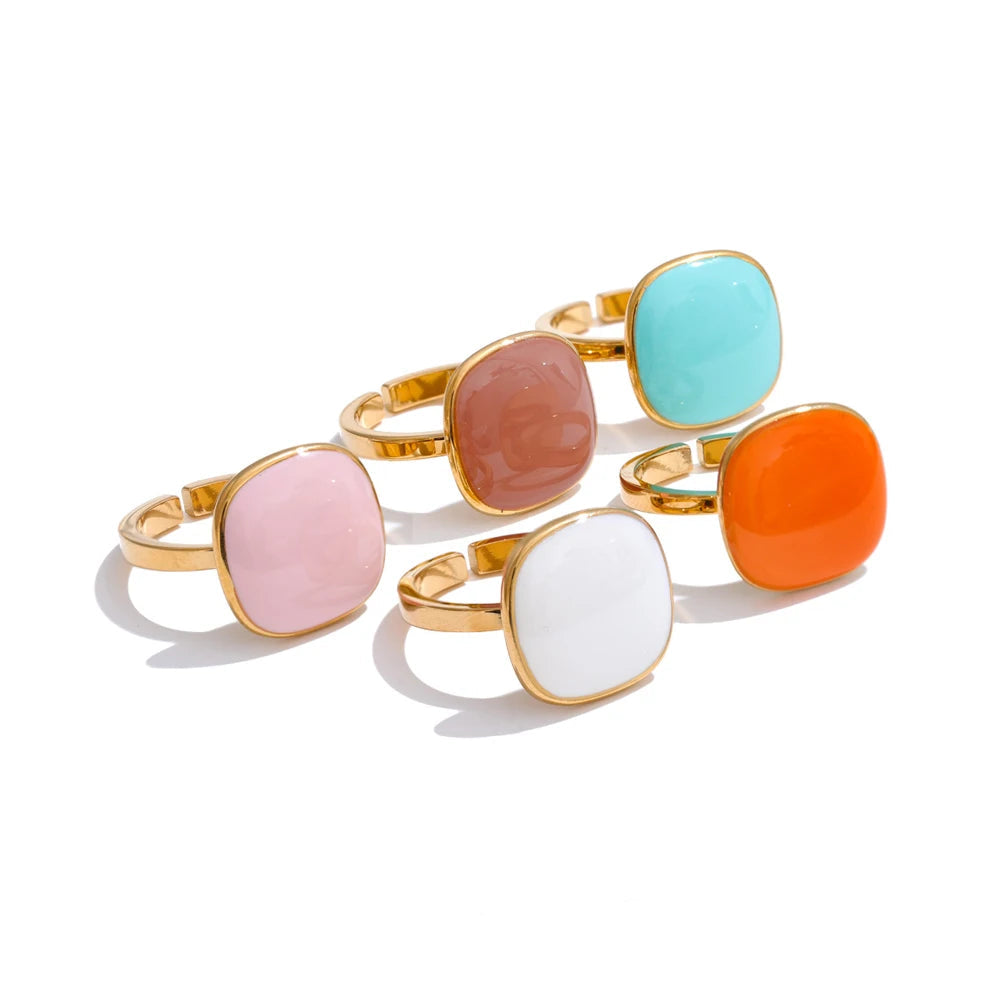 Yhpup chegadas doces doce quadrado anel ajustável 18k dourado pvd banhado a aço inoxidável verão popular charme jóias presente