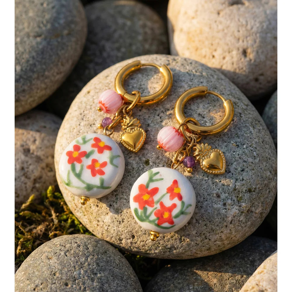 Brincos de Aço Inoxidável com Pingente de Flor de Cerâmica Yhpup 2026 - Estilo Primavera Verão, Novidades, Joias da Moda, Presente