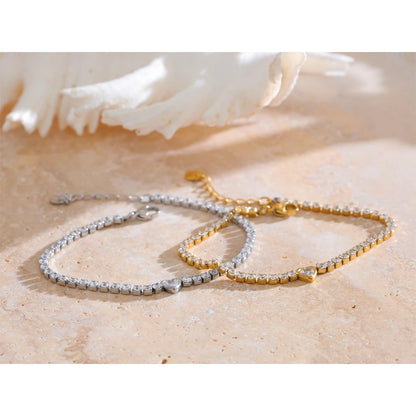 Yhpup delicado bling zircônia cúbica coração corrente pulseira requintado aço inoxidável brilhante à prova dwaterproof água pulso jóias presente