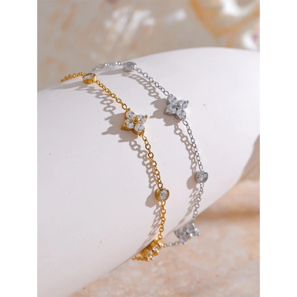 Yhpup delicado zircônia cúbica flor corrente fina pulseira de aço inoxidável à prova de ferrugem escritório senhoras chique jóias novo presente