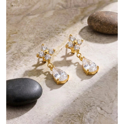 Brincos Pendentes de Aço Inoxidável Yhpup com Zircônia Cúbica em Formato de Flor e Gota D'água, Joia Premium Delicada, Brilhante e Elegante, Presente Impermeável