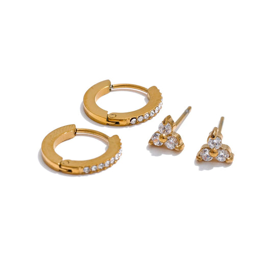 Yhpup 1 conjunto de brincos redondos de zircônia cúbica de alta qualidade, flor, banhado a ouro e platina, joias da moda em aço inoxidável 2025