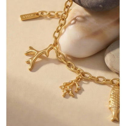 Pulseira Yhpup Estilo Oceano com Corrente de Aço Inoxidável e Pingente de Concha, Banhada a Ouro 16K PVD, à Prova d'Água, Joia da Moda de Verão