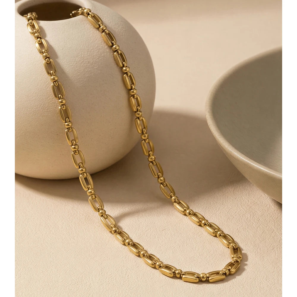 Colar de Corrente de Aço Inoxidável Yhpup para Mulheres, Joia de Moda com Textura Personalizada, Tendência de Verão, à Prova d'Água PVD