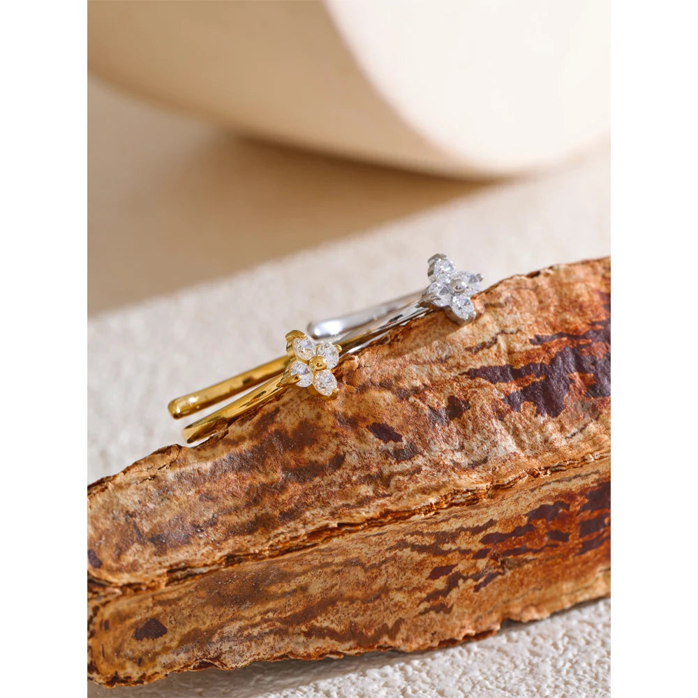 Yhpup requintado aço inoxidável bling zircônia cúbica flor anel ajustável para mulheres moda brilhante dedo jóias novo