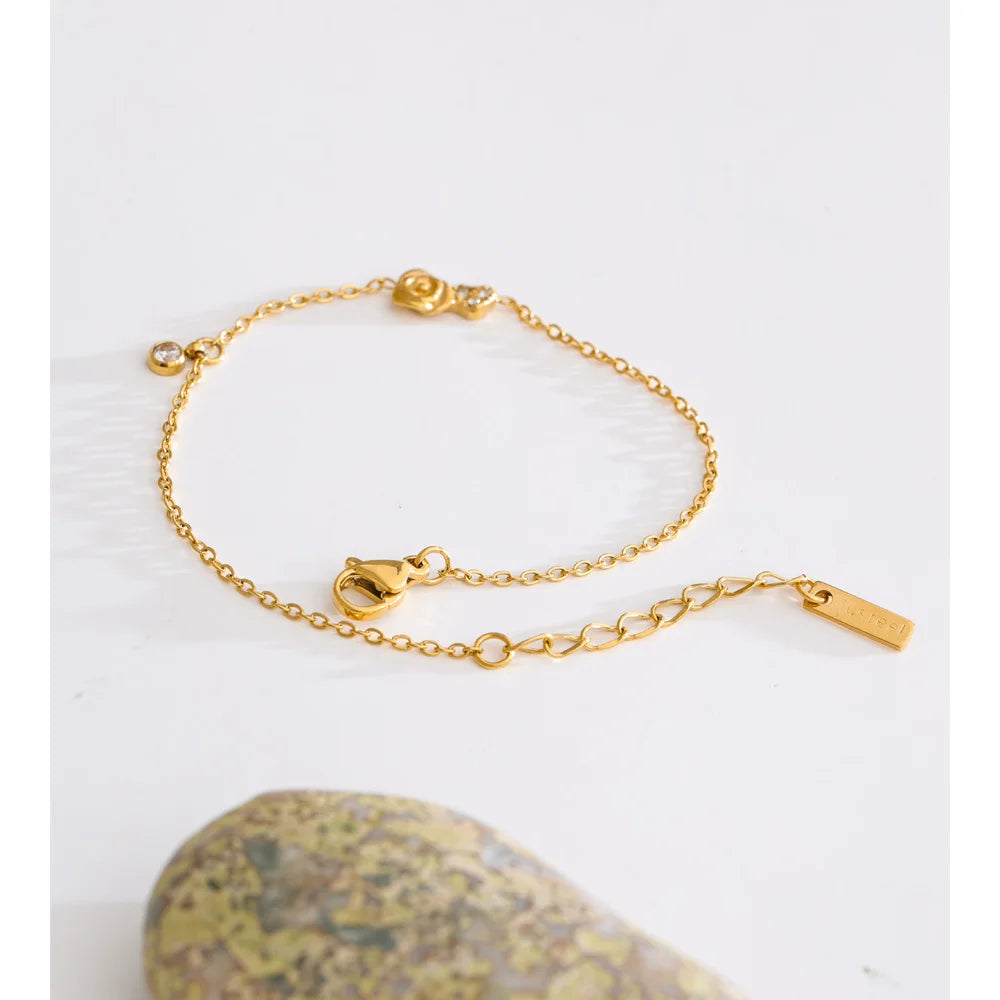 Pulseira de Corrente Fina em Aço Inoxidável Yhpup, Banhada a Ouro 16K PVD, com Flor de Zircônia, Acessório de Joalheria Minimalista para o Pulso