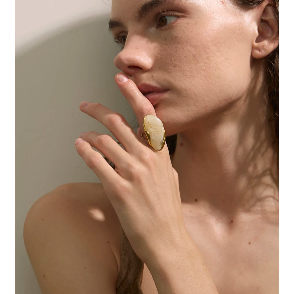 Yhpup novo design marrom verde bege resina geométrica anel ajustável dourado pvd aço inoxidável à prova de ferrugem dedo jóias presente