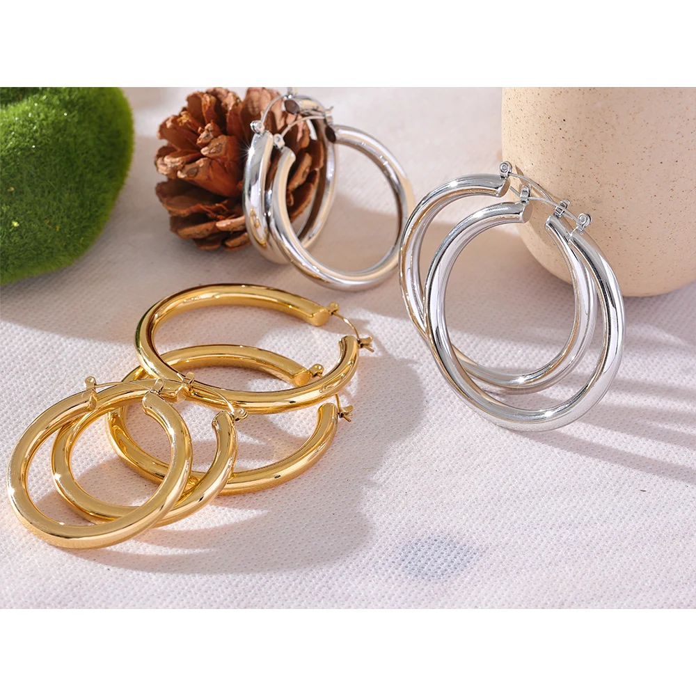 Yhpup minimalista grande elegante metal redondo oco hoop brincos anti alérgico 316l aço inoxidável na moda simples orelha jóias