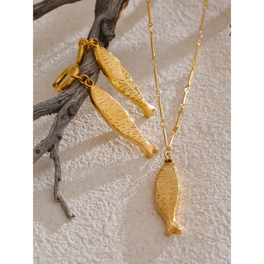 Yhpup atacado oceano aço inoxidável metal peixe pingente colar brincos à prova de ferrugem dourado pvd banhado na moda jóias