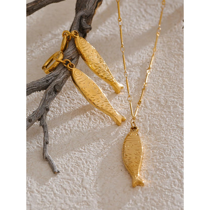 Yhpup atacado oceano aço inoxidável metal peixe pingente colar brincos à prova de ferrugem dourado pvd banhado na moda jóias