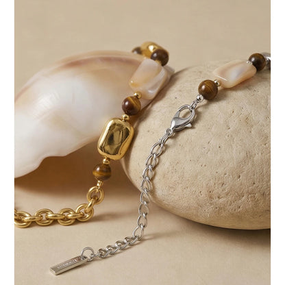 Pulseira Artesanal de Aço Inoxidável Yhpup com Concha Natural e Pedra Olho de Tigre – Joia Exquisita e Charmosa Feita à Mão