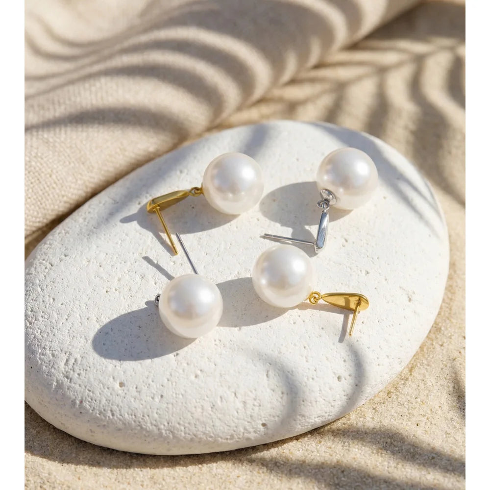Brincos Pendentes Redondos Elegantes Yhpup 12*12mm com Pérolas de Imitação para Mulheres, Joias Diárias em Aço Inoxidável à Prova d'Água Recomendadas