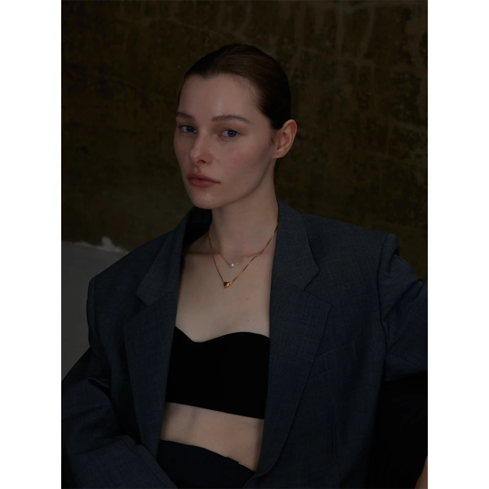 Yhpup moda aço inoxidável dupla camada corrente coração imitação pérola pingente empilhamento colar para mulheres jóias à prova de ferrugem