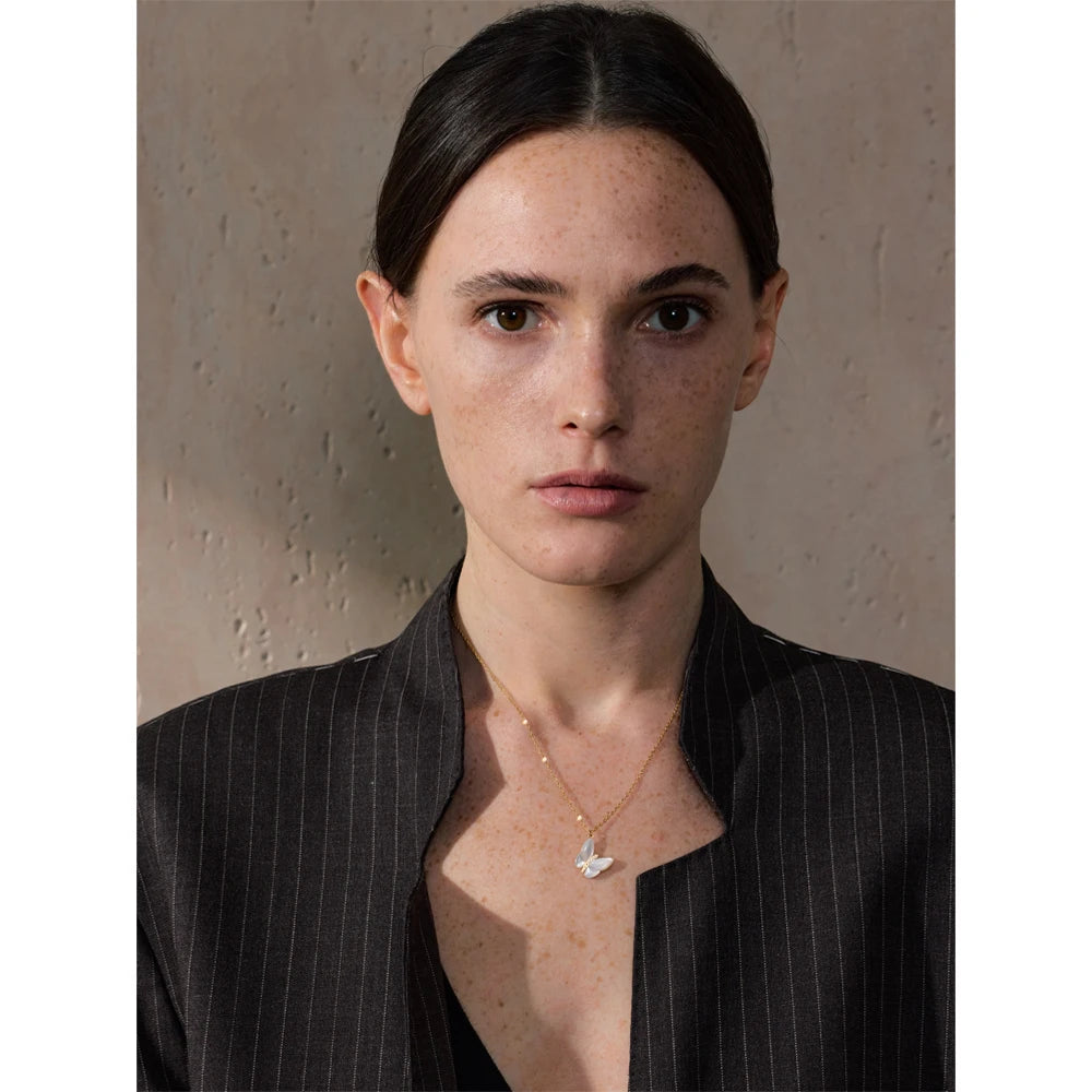 Yhpup requintado natural concha zircão borboleta pingente colar para mulheres de aço inoxidável estilo coreano delicado jóias presente