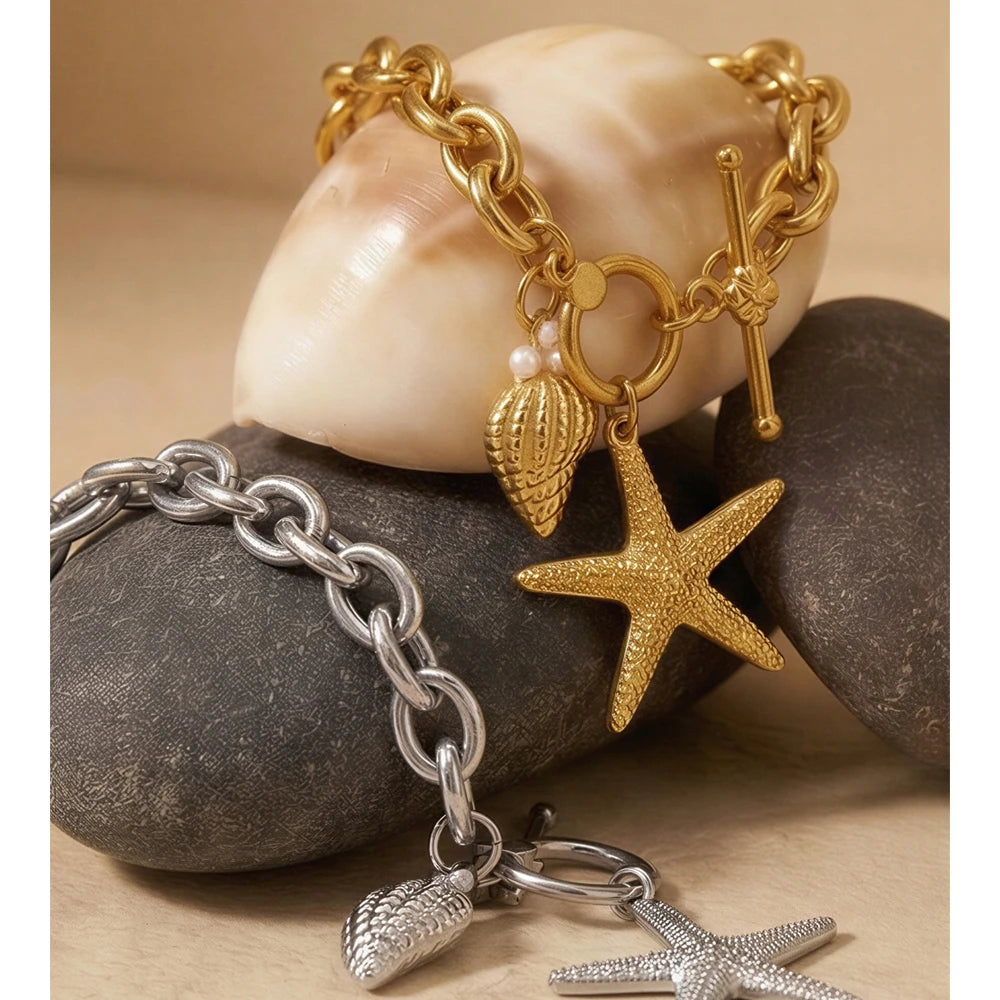 Pulseira de Aço Inoxidável Yhpup com Pingentes de Estrela-do-mar e Concha, Fecho T, Estilo Oceano, Lançamento de Verão, Joia para Férias