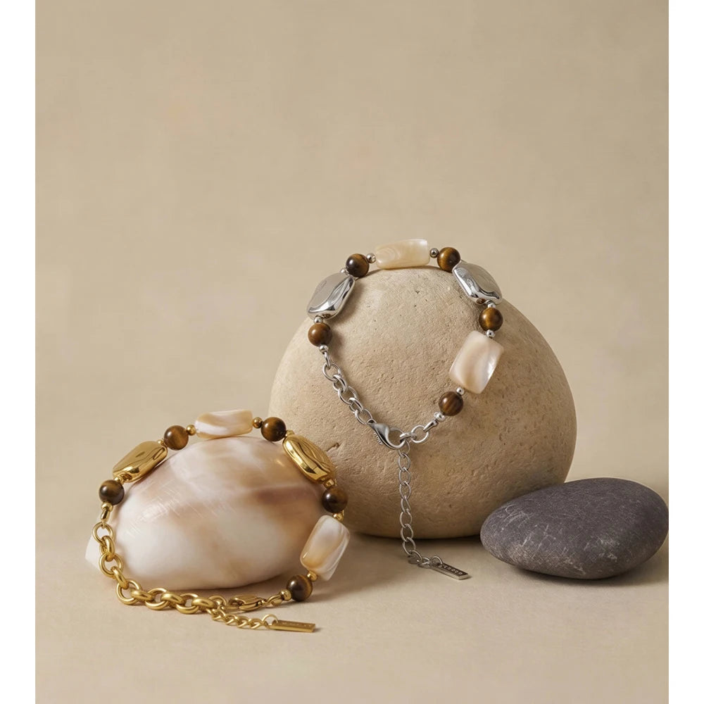 Pulseira Artesanal de Aço Inoxidável Yhpup com Concha Natural e Pedra Olho de Tigre – Joia Exquisita e Charmosa Feita à Mão