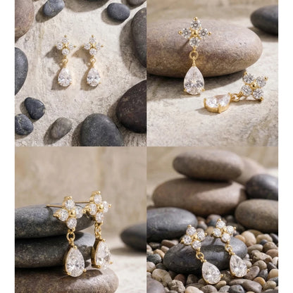 Brincos Pendentes de Aço Inoxidável Yhpup com Zircônia Cúbica em Formato de Flor e Gota D'água, Joia Premium Delicada, Brilhante e Elegante, Presente Impermeável