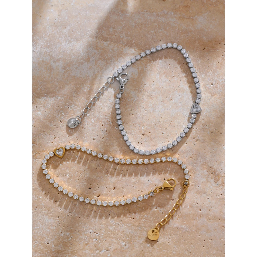 Yhpup delicado bling zircônia cúbica coração corrente pulseira requintado aço inoxidável brilhante à prova dwaterproof água pulso jóias presente