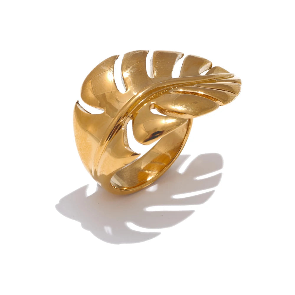 Yhpup design elegante de aço inoxidável folha de metal folhas anel aberto à prova de ferrugem individualista moda jóias presente resistente à água
