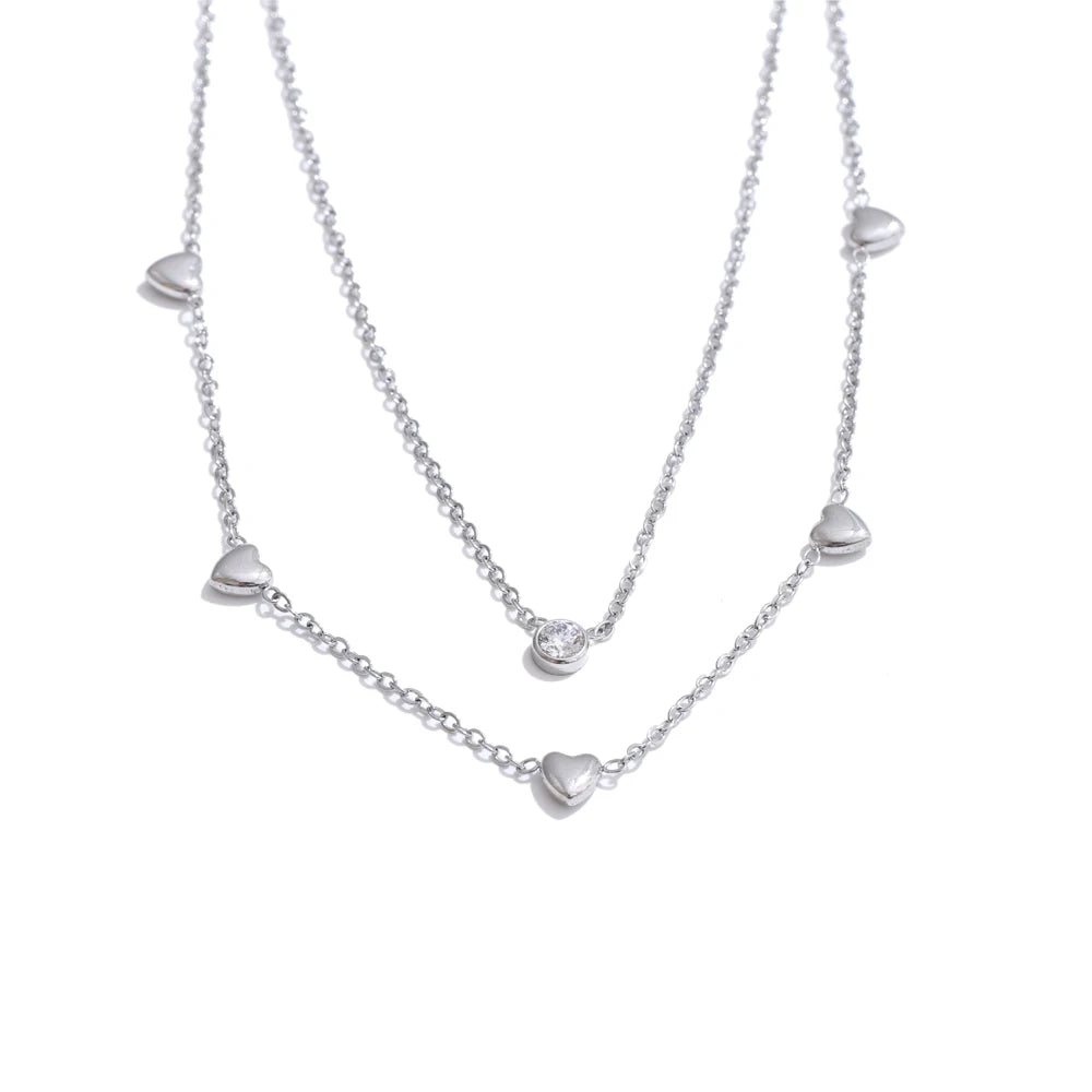 Zalzani: Colar Duplo de Coração em Zircônia e Aço Inoxidável