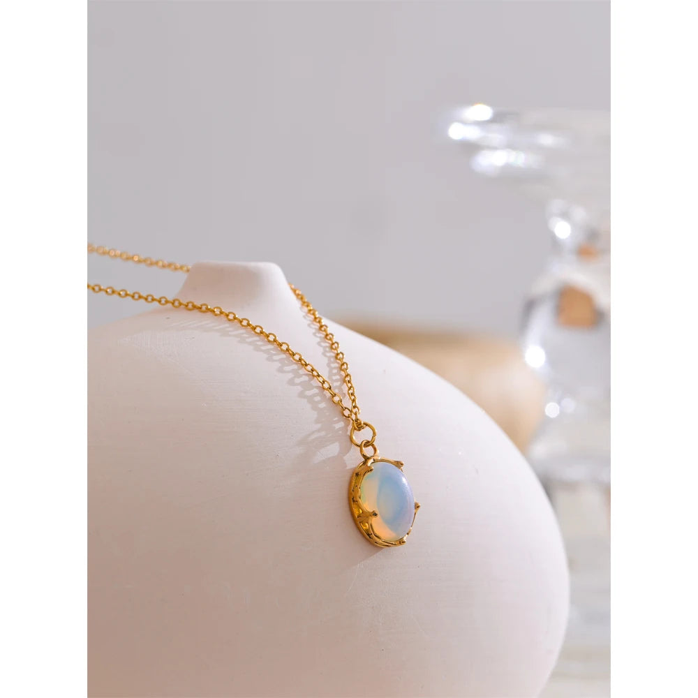 Yhpup pingente de pedra de opala natural, colar fashion para mulheres, aço inoxidável, joias populares de alta qualidade, presente à prova d'água