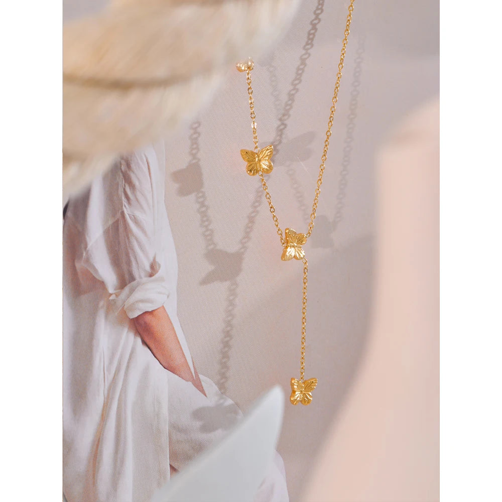 Yhpup estilo popular de aço inoxidável borboleta corrente pingente colar colar 18k banhado a ouro à prova dwaterproof água moda jóias