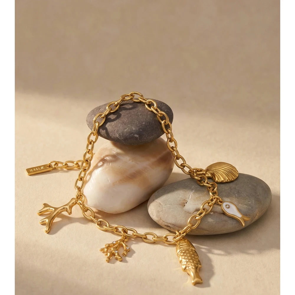 Pulseira Yhpup Estilo Oceano com Corrente de Aço Inoxidável e Pingente de Concha, Banhada a Ouro 16K PVD, à Prova d'Água, Joia da Moda de Verão