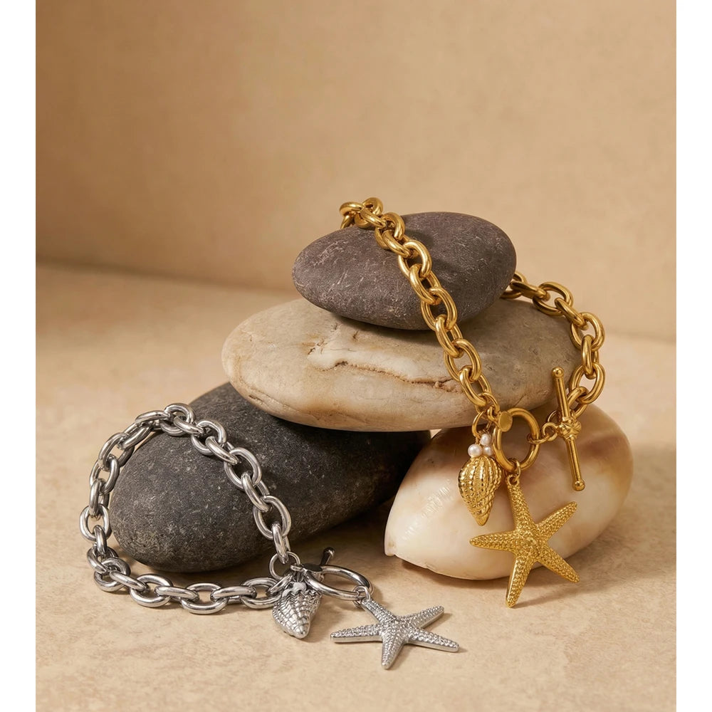 Pulseira de Aço Inoxidável Yhpup com Pingentes de Estrela-do-mar e Concha, Fecho T, Estilo Oceano, Lançamento de Verão, Joia para Férias
