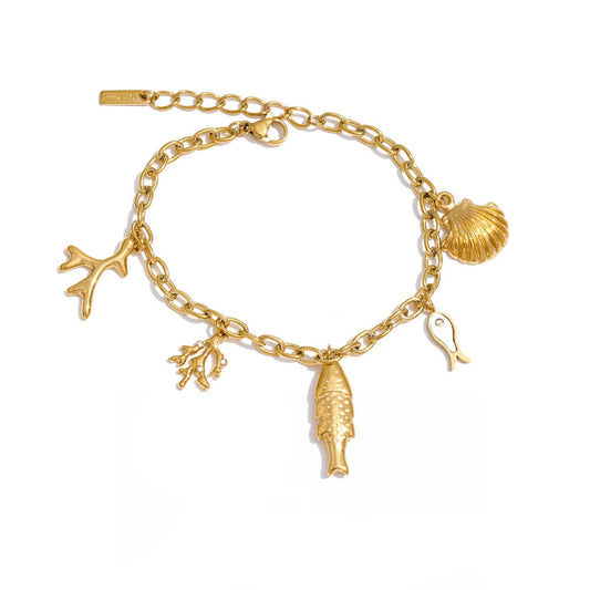 Pulseira Yhpup Estilo Oceano com Corrente de Aço Inoxidável e Pingente de Concha, Banhada a Ouro 16K PVD, à Prova d'Água, Joia da Moda de Verão