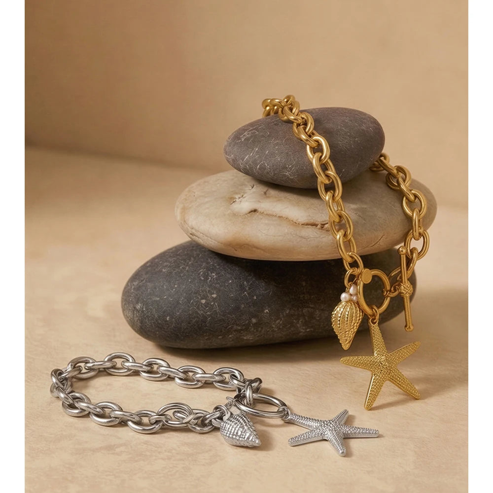 Pulseira de Aço Inoxidável Yhpup com Pingentes de Estrela-do-mar e Concha, Fecho T, Estilo Oceano, Lançamento de Verão, Joia para Férias