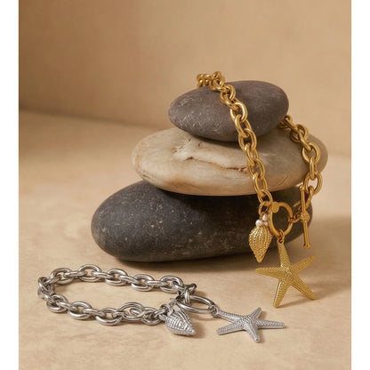 Pulseira de Aço Inoxidável Yhpup com Pingentes de Estrela-do-mar e Concha, Fecho T, Estilo Oceano, Lançamento de Verão, Joia para Férias