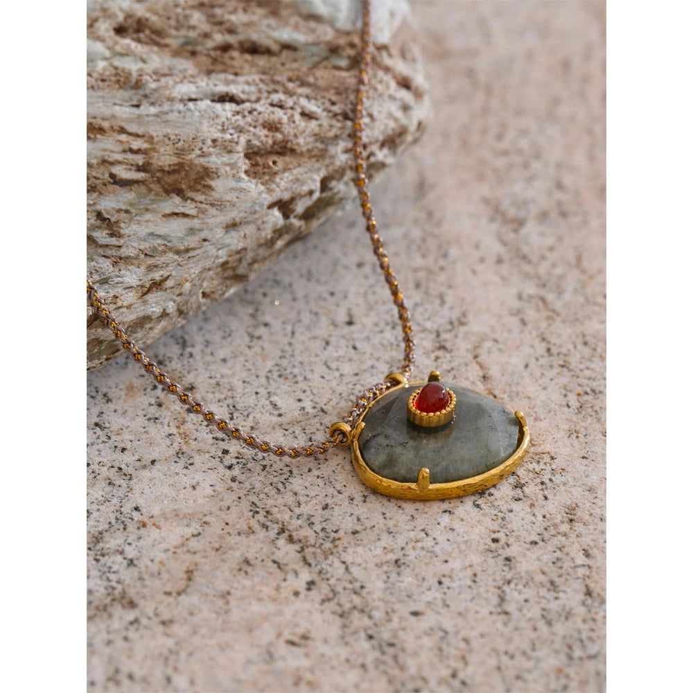 Yhpup natural espectrolita ágata pedra oval pingente colar para mulheres ouro aço inoxidável requintado moda jóias presente