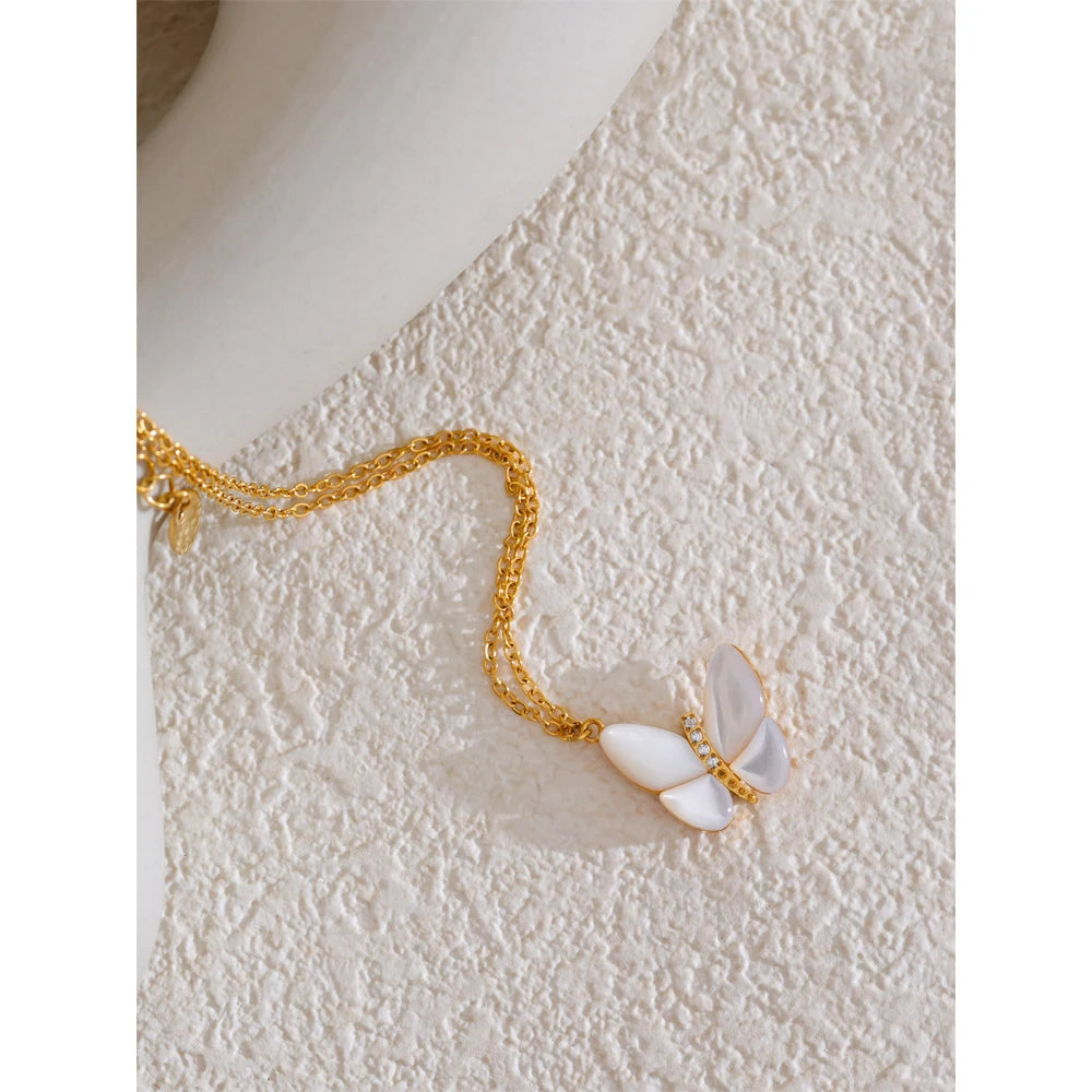 Yhpup requintado natural concha zircão borboleta pingente colar para mulheres de aço inoxidável estilo coreano delicado jóias presente