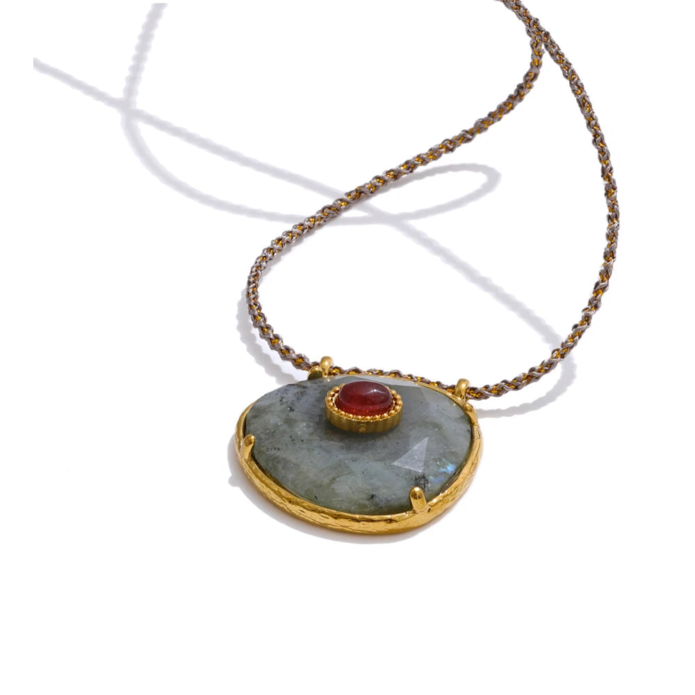 Yhpup natural espectrolita ágata pedra oval pingente colar para mulheres ouro aço inoxidável requintado moda jóias presente