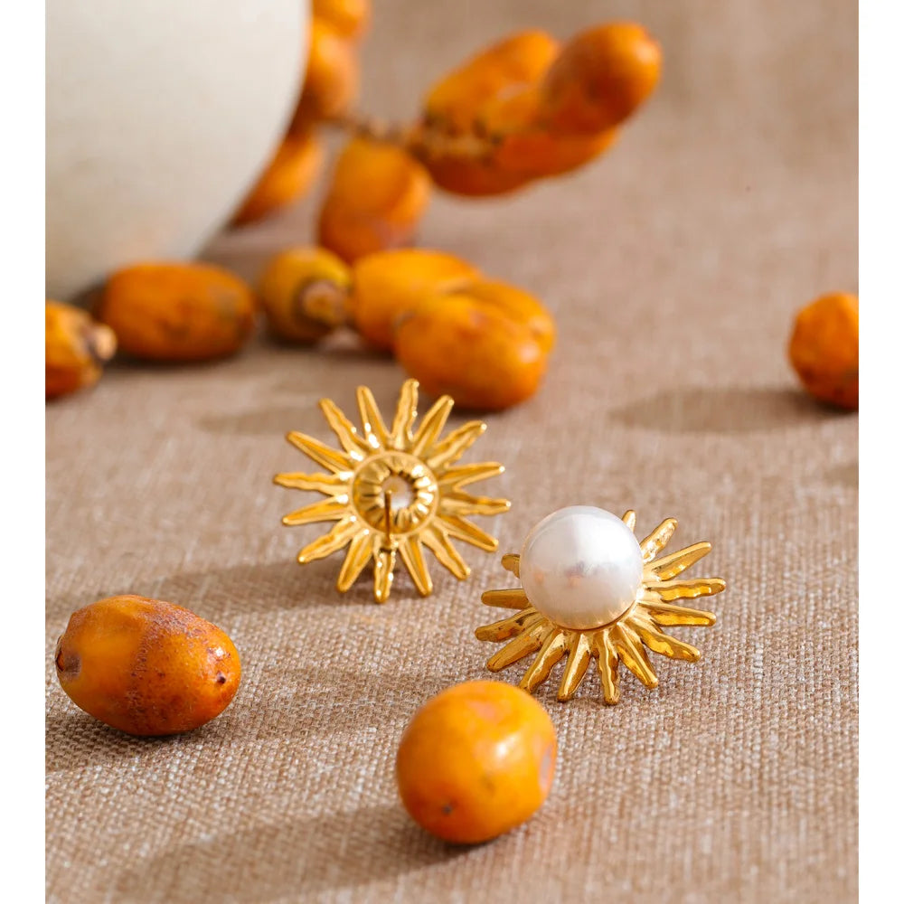 Brincos de Flor com Pérolas Simuladas em Aço Inoxidável Yhpup para Mulheres, Estilo Coreano, Uso Diário, Joias Vintage, Resistentes a Manchas