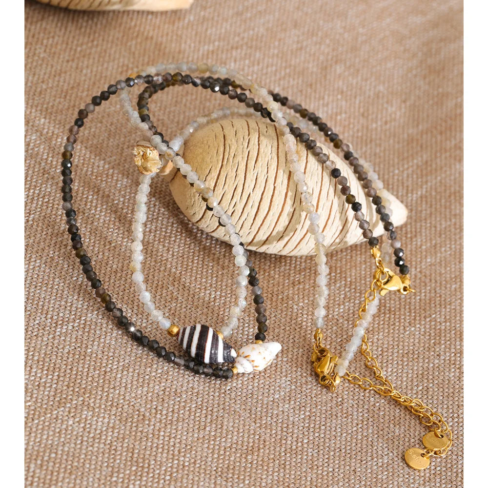 Colar de Concha em Aço Inoxidável Yhpup, Acessórios Feitos à Mão, Corrente de Pérolas de Cristal Branco e Cinza, Colar de Verão, Joias Mais Baratas