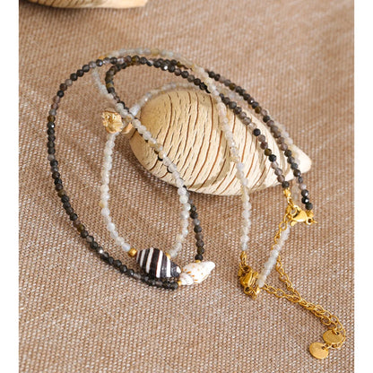Colar de Concha em Aço Inoxidável Yhpup, Acessórios Feitos à Mão, Corrente de Pérolas de Cristal Branco e Cinza, Colar de Verão, Joias Mais Baratas