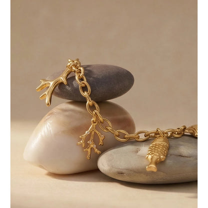 Pulseira Yhpup Estilo Oceano com Corrente de Aço Inoxidável e Pingente de Concha, Banhada a Ouro 16K PVD, à Prova d'Água, Joia da Moda de Verão